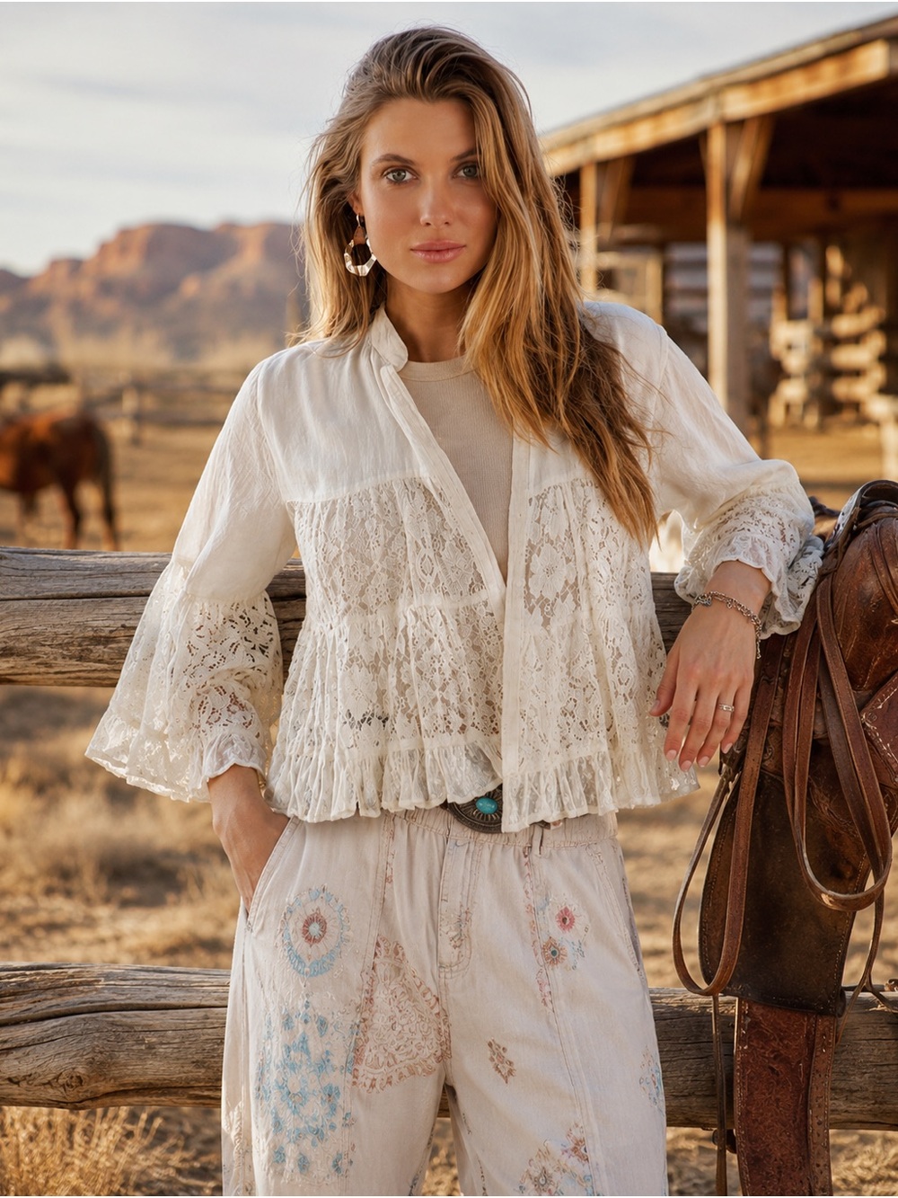 Boho Lace kimono Peasant Top - cream bell sleeve